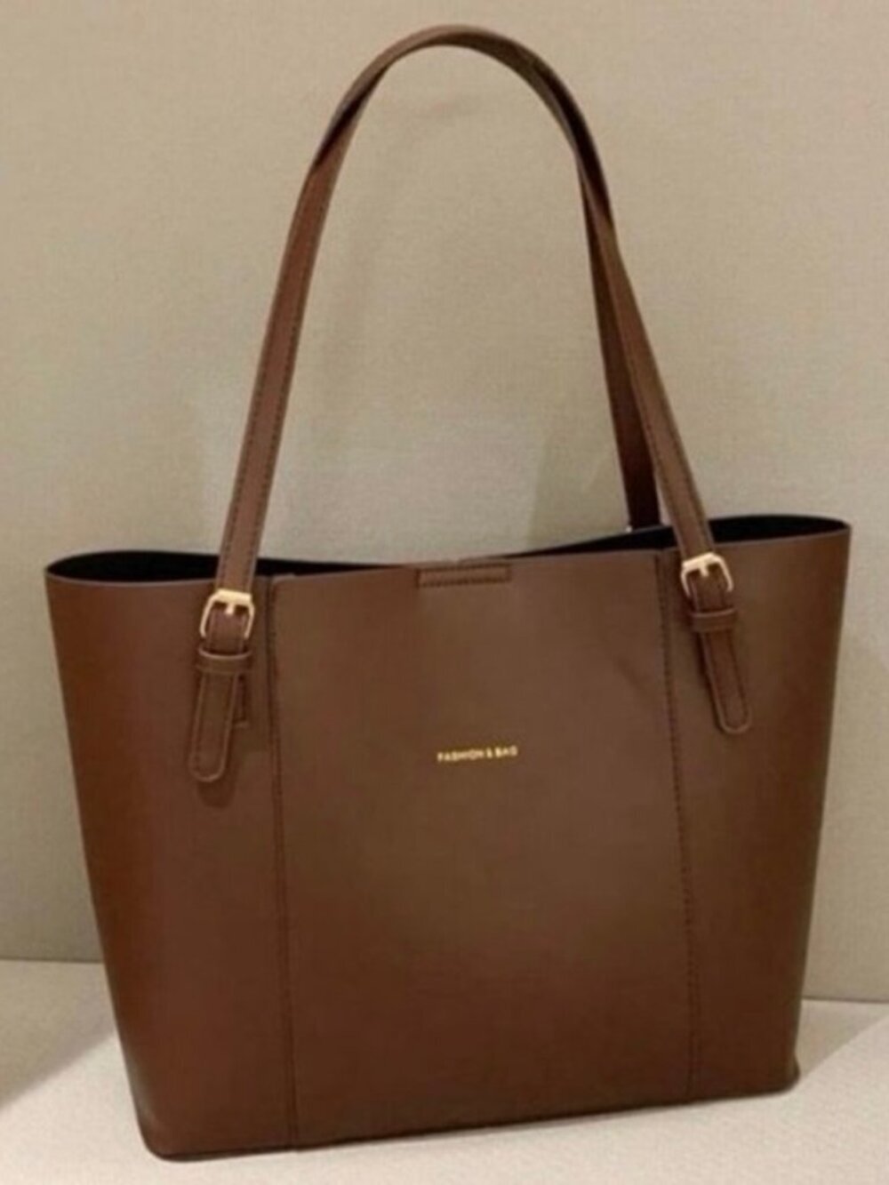 SHEIN Brown Faux Leather Tote Bag Minimalist Work Office Shoulder Purse